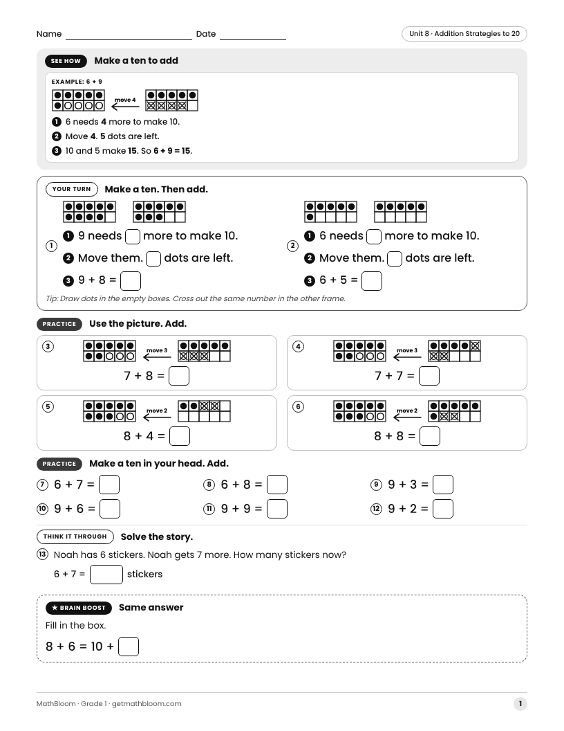 A MathBloom Grade 1 worksheet: a worked example with ten-frames, guided steps, practice, a story problem and a brain boost challenge.